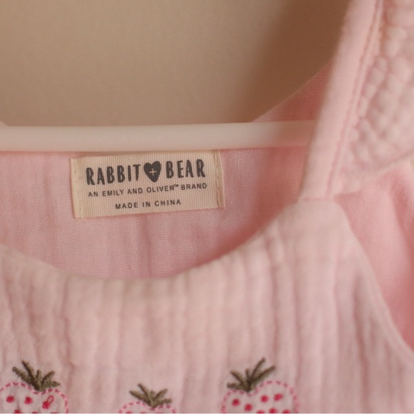 Rabbit + Bear Organic Cotton Embroidery Strawberry Dress 0–3M | Pink Muslin Baby - Picture 3 of 5